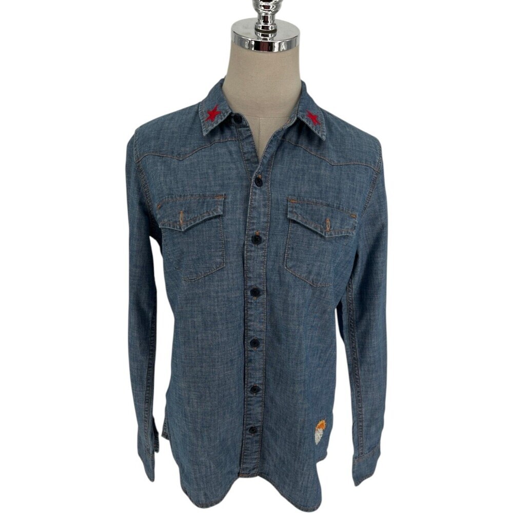Lucky Brand Chambray Shirt Women's Size Small Embroidered Coastal Cowgirl Boho